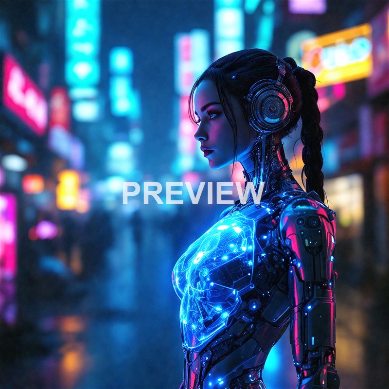 A female cyborg with human features and mechanical body parts illuminated by neon lights in a futuristic urban setting at night.